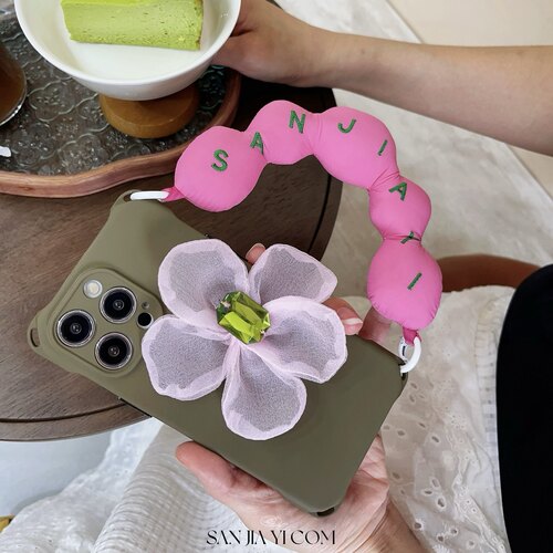 小众创意DIY粉花绿钻挂绳手机壳