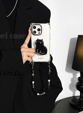简约风~猫咪支架mate60挂绳手机壳四角带孔17Promax适用苹果iPhone16plus华为pura80pro斜挎70新款手提小米15