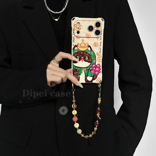 新年有财猫~17promax四角开孔手机壳带链条适用苹果iPhone16plus华为mate70pro斜挎60侧背Pura80手提14小米15 - 封面