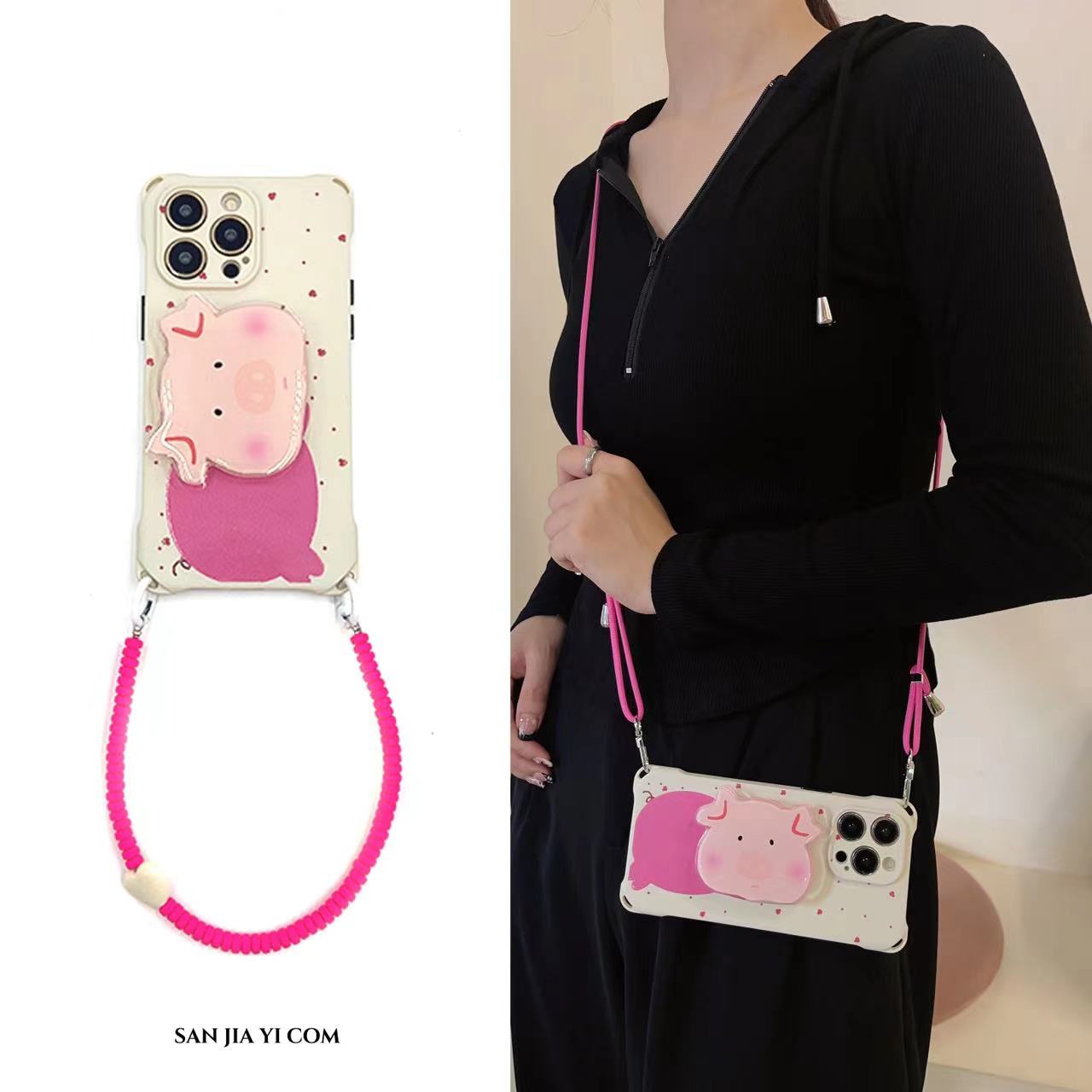 可爱趴趴猪斜挎挂绳手机壳