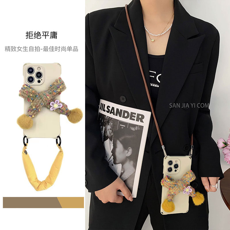 杏毛绒蝴蝶结斜挎手机壳新款