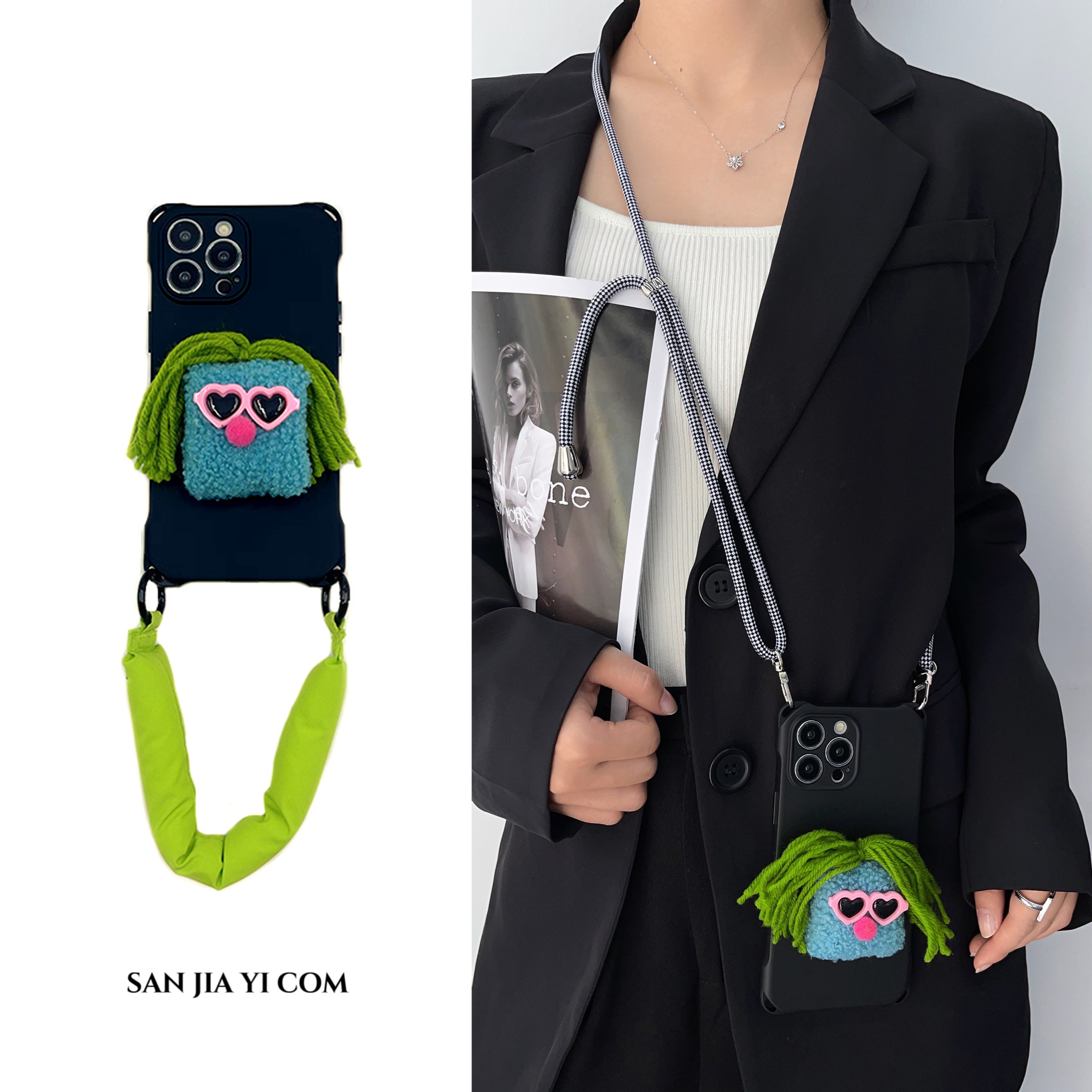 趣味毛绒公仔充棉挂绳手机壳