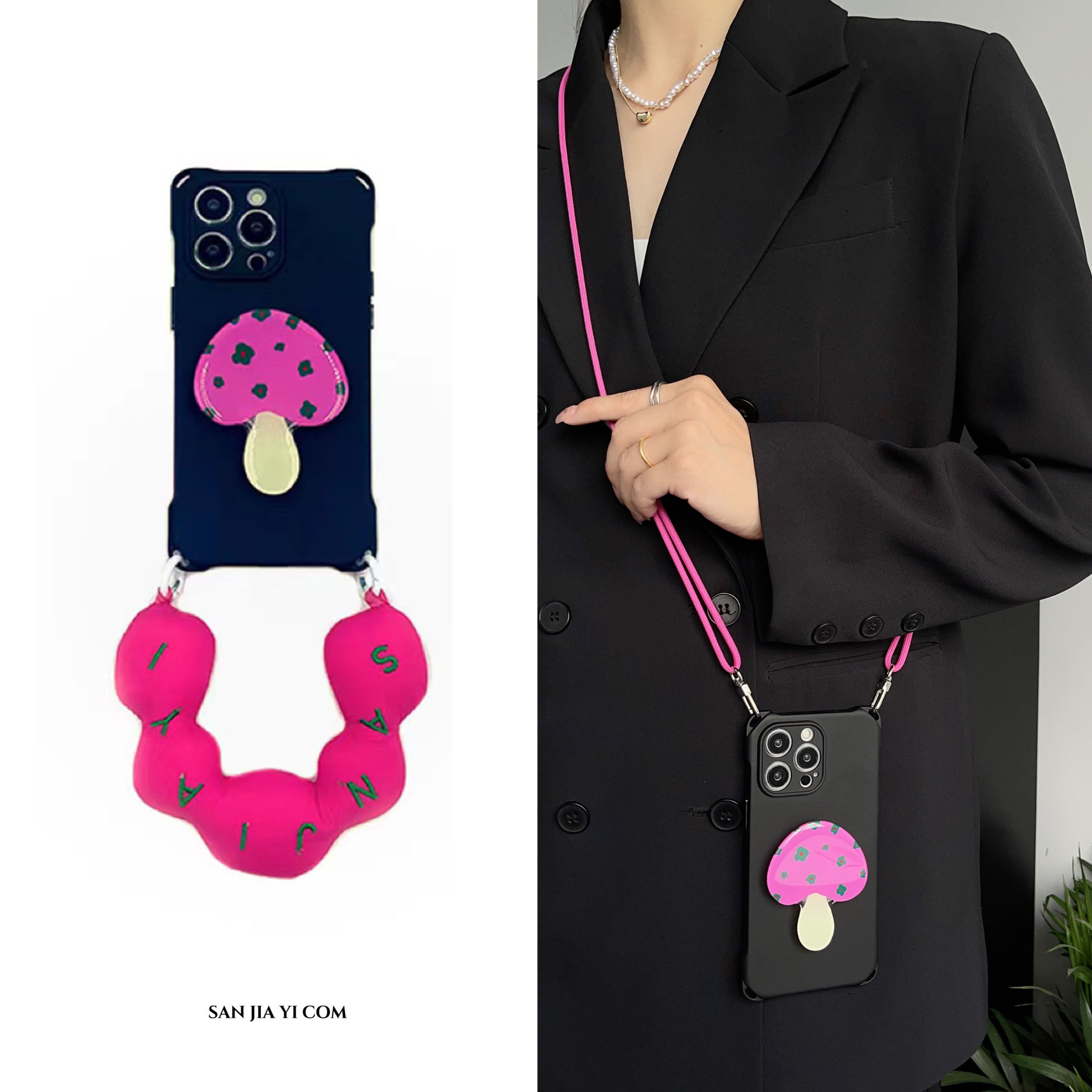 ins甜酷蘑菇支架手机壳挂绳斜挎