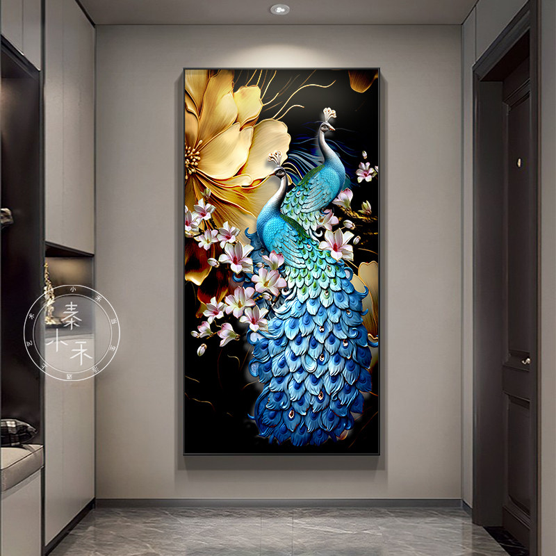 走廊玄关装饰画入户正对门孔雀挂画现代客厅过道尽头壁画灯高级感