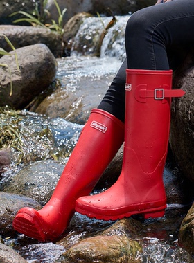 非常行惠灵顿红色雨鞋女款户外露营防水防滑胶鞋雨靴加绒长筒靴子