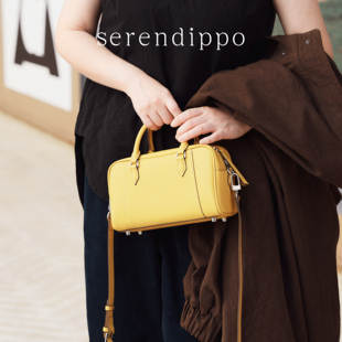 SERENDIPPO新款包包小众设计轻奢波士顿包植鞣牛皮保龄球包