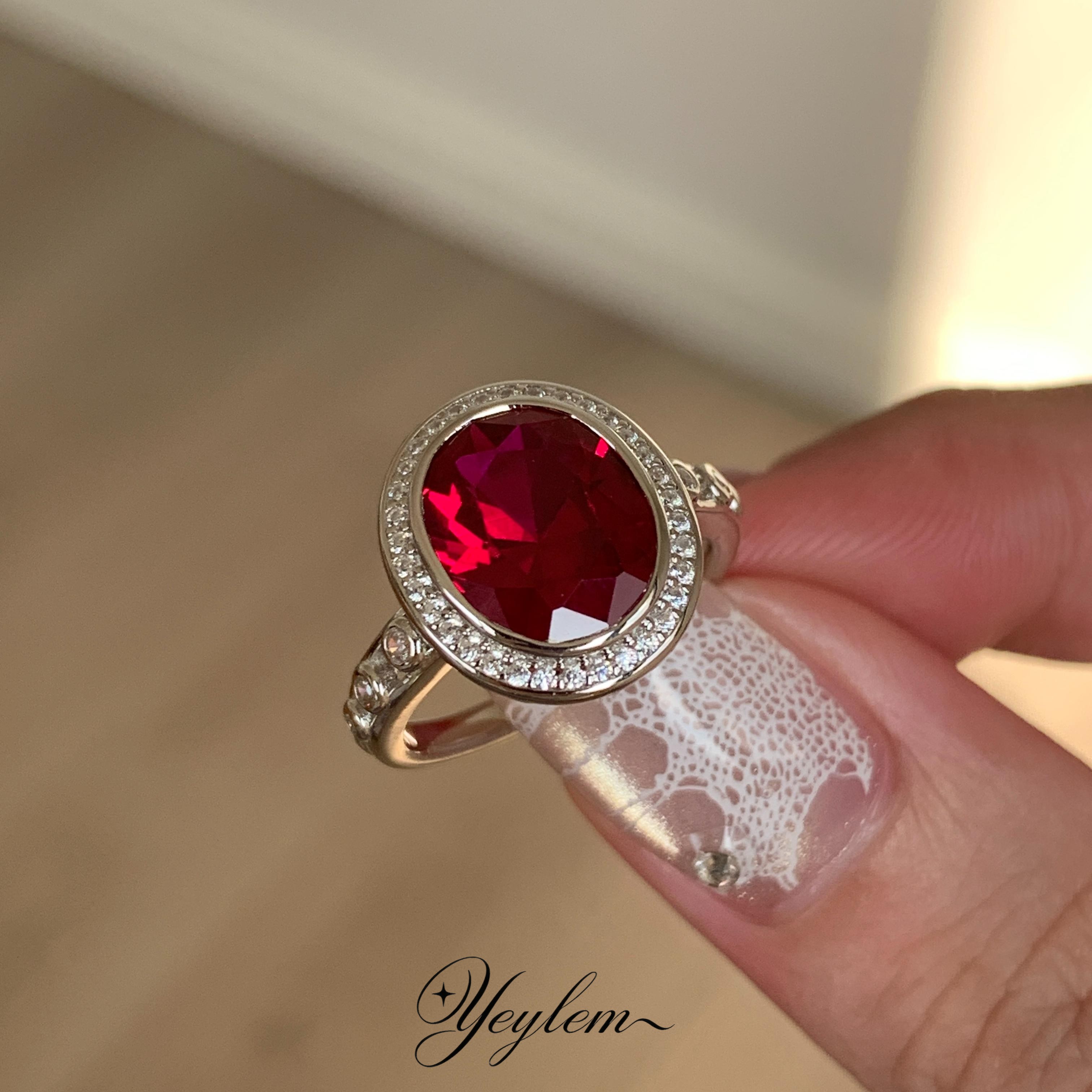 yeylem|赤瑰遗梦·3.3ct复古宫廷风红宝扁平面925银钻戒 秋季新品