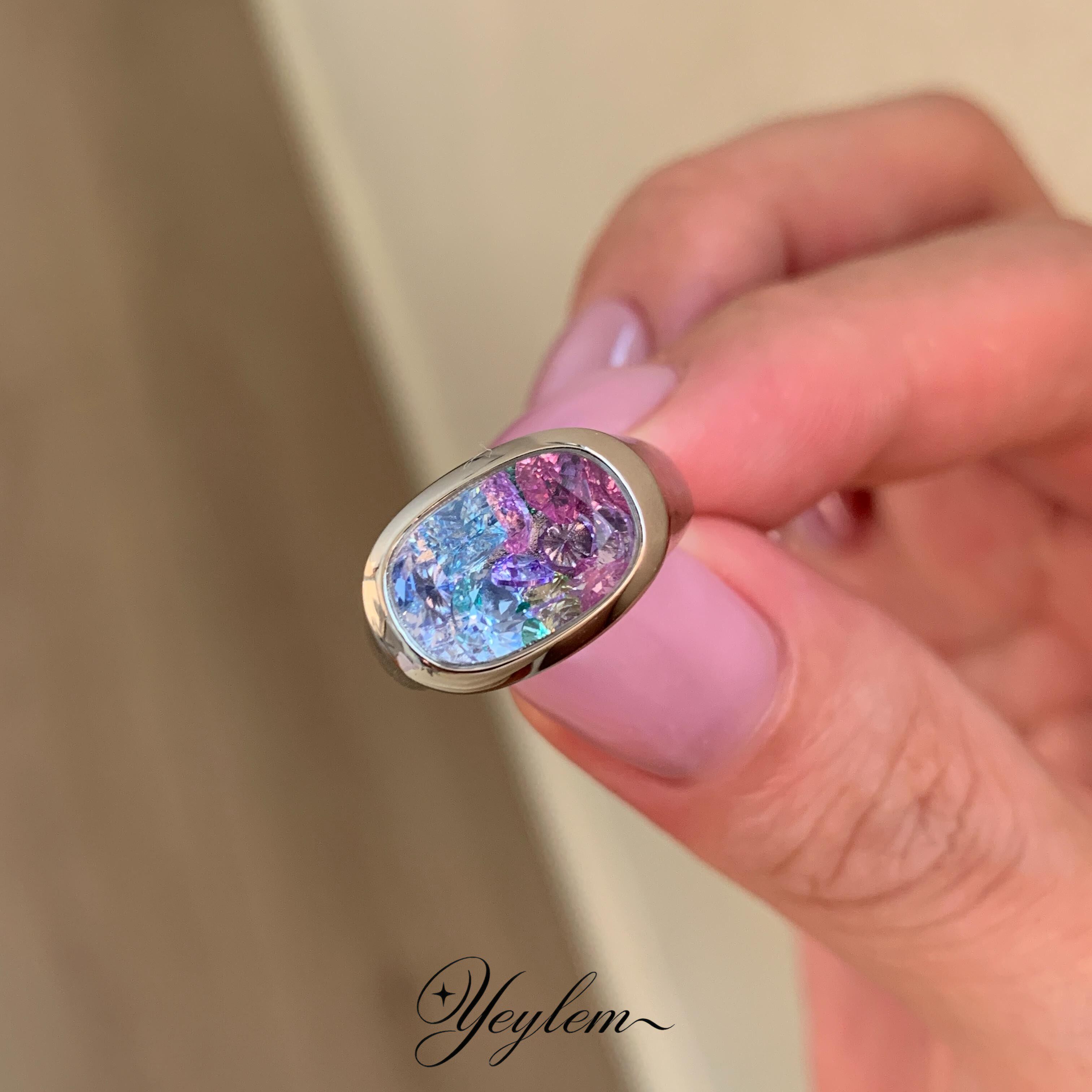 yeylem|霓虹糖果·白水晶彩钻盒子糖果多巴胺风925银镀金尾戒