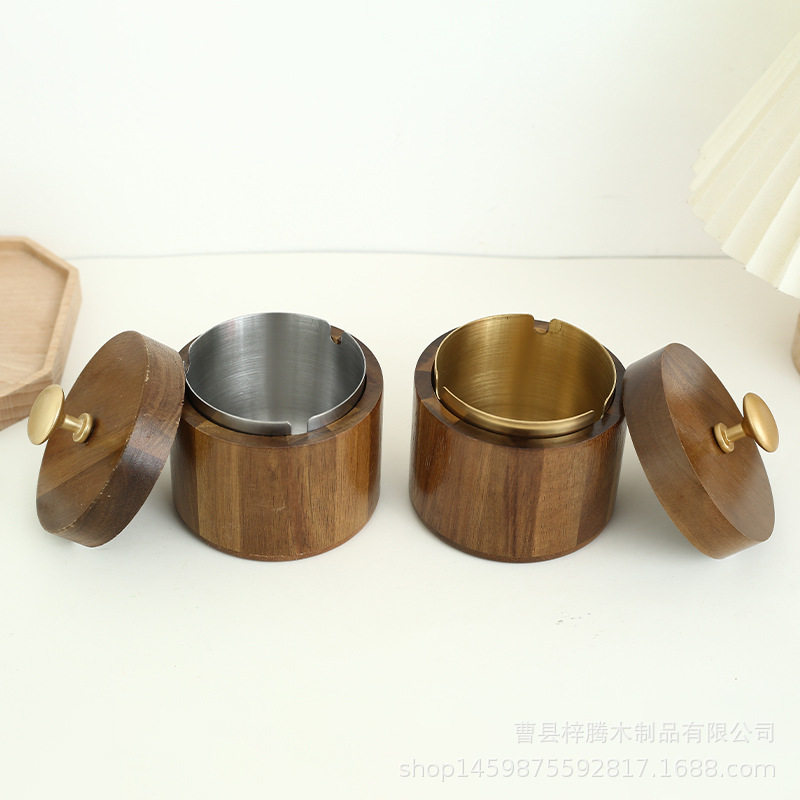 相思木烟灰缸创意餐厅客厅防风带盖木质烟灰缸中式圆形烟灰缸