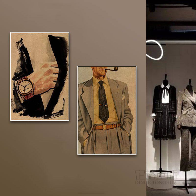 复古绅士西装挂画服装店裁缝装饰画男士礼服店设计工作室墙面壁画