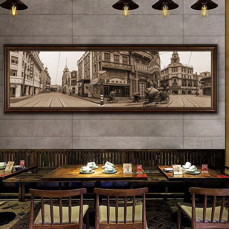 老上海装饰画复古怀旧民国风建筑街景饭店包厢墙面挂画黑白餐厅画