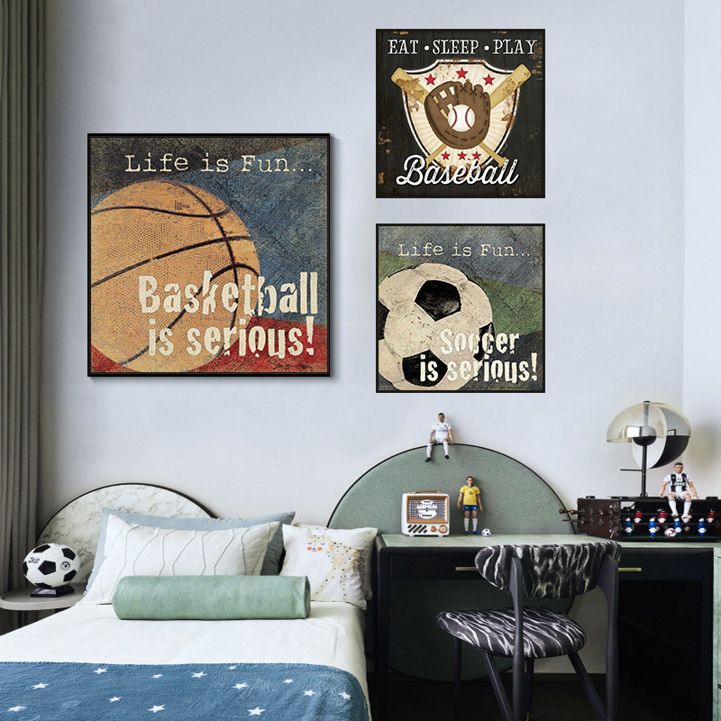 球类运动挂画美式复古篮球足球棒球橄榄球男孩房装饰画器材室壁画,家居饰品,现代装饰画,淘宝优惠券,粉丝福利购,淘宝优惠卷