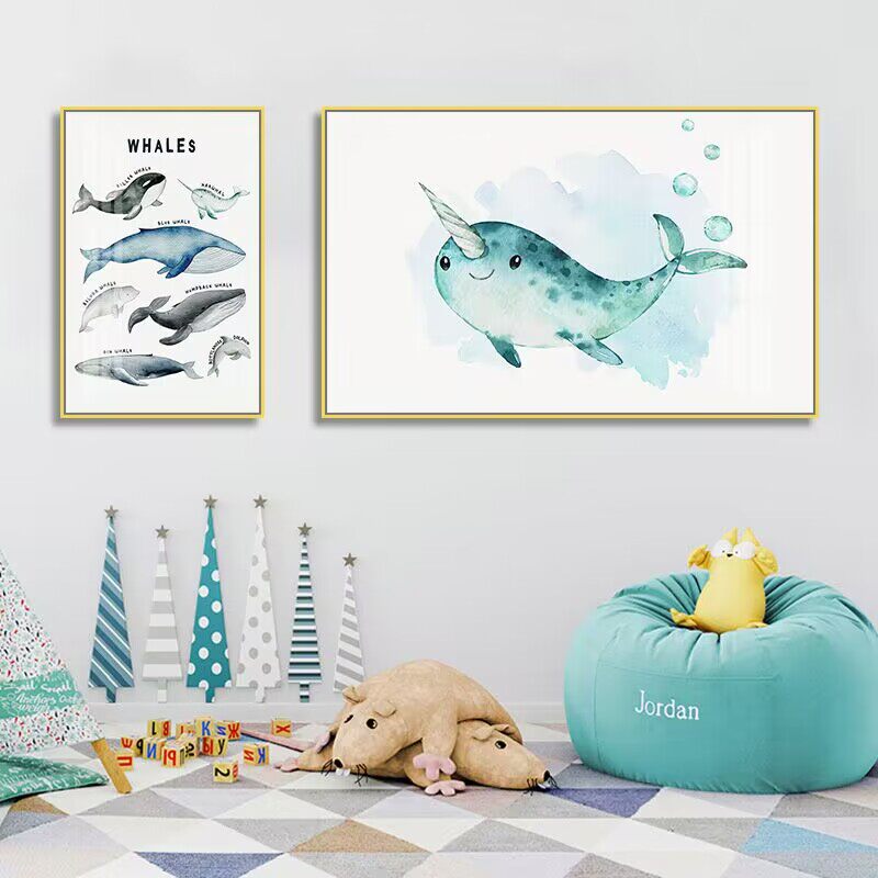 北欧小清新鲸鱼海报科普装饰画海洋生物卡通鱼壁画儿童房书房挂画