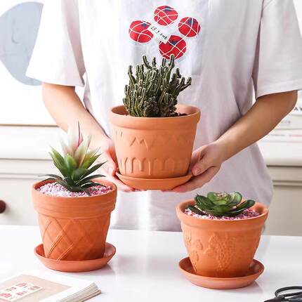 浮雕红陶花盆陶盆吸水透气室内室外花园阳台绿植盆栽圆盆