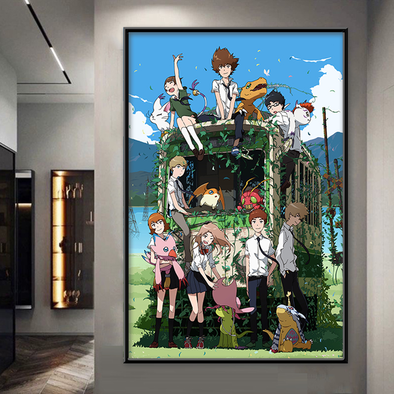 数码宝贝全家福挂画奥米加兽战斗暴龙兽壁画儿童房卧室动漫装饰画