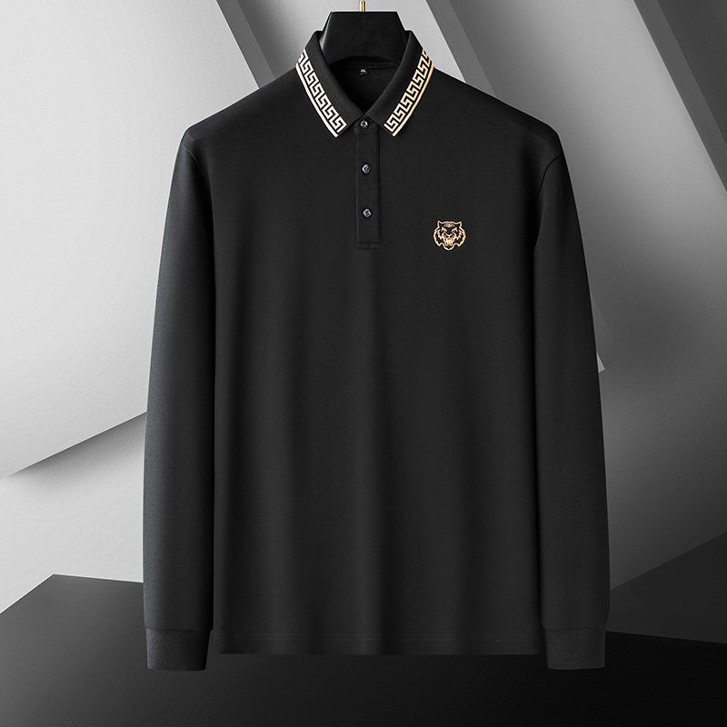 300斤可穿商务大码男装老虎头刺绣长袖POLO衫宽松加肥加大休闲T恤