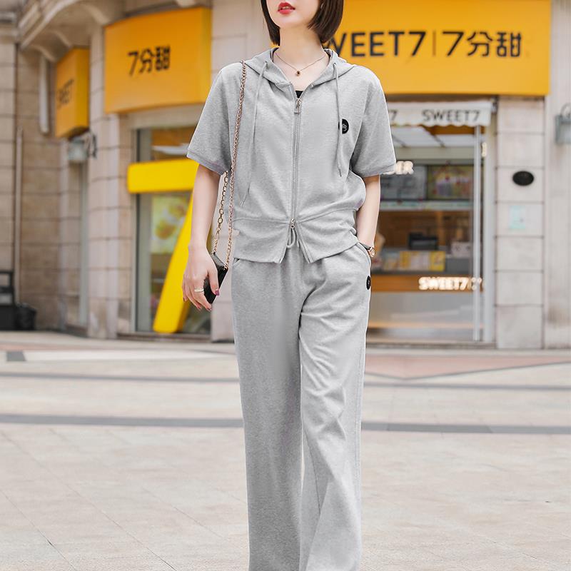 纯棉连帽短袖休闲运动套装女夏季新款宽松大码开衫卫衣两件套薄款