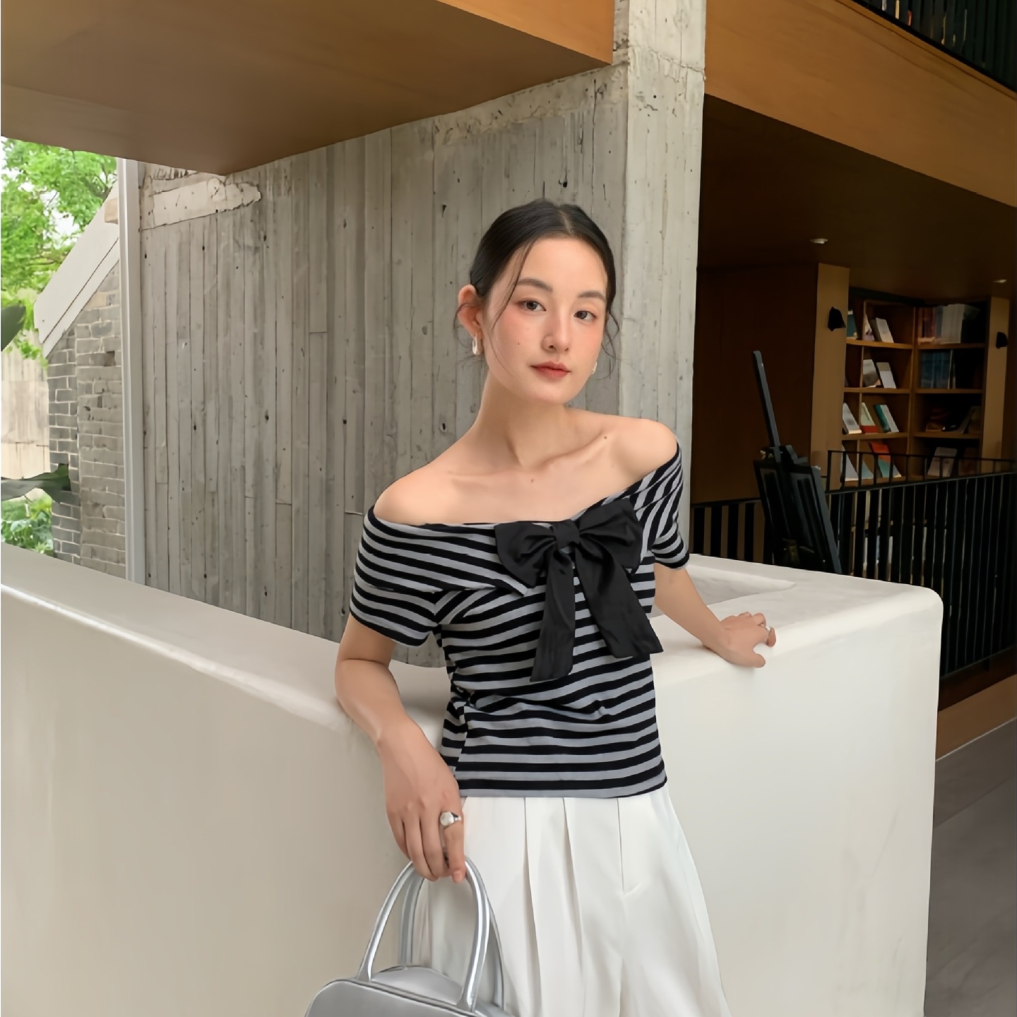 夏安若诠释美 NEWOPEN 2025夏法式甜美可爱减龄露肩条纹短袖T恤女