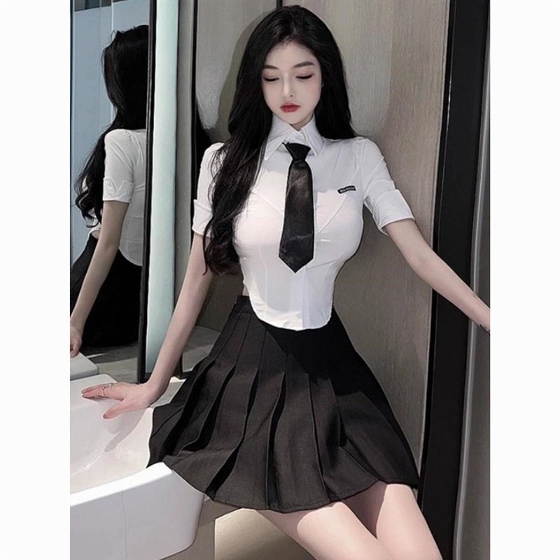 夏安若2024新款夏季短袖收腰衬衫短款高腰修身百褶裙jk制服学院风