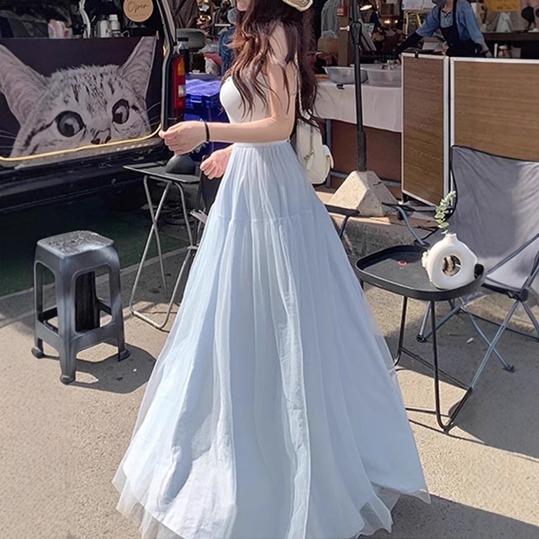 夏安若2025新款女装【芭蕾舞曲】长款纯欲甜美网纱吊带连衣裙春季