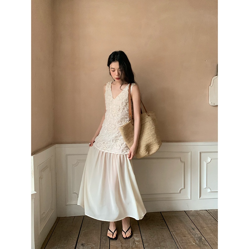 夏安若诠释美 NEWOPEN 25夏法式名媛重工网纱拼接无袖V领连衣裙女