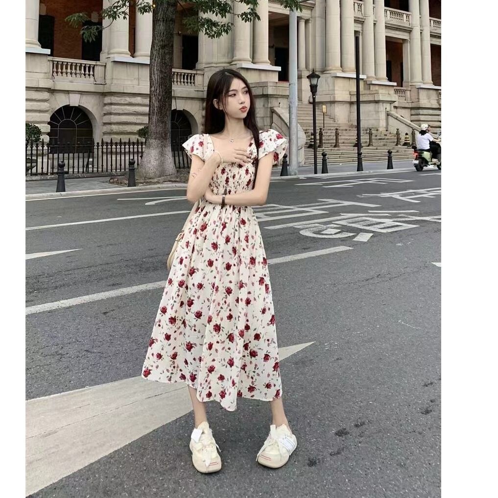 夏安若超仙森系连衣裙夏季新款小飞袖甜美气质温柔风法式碎花中