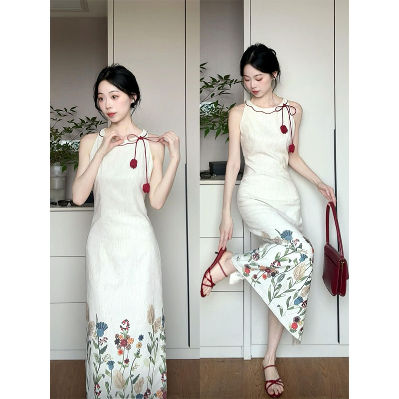 新中式气质高级感印花修身显瘦连衣裙女2025夏季新款中国风长裙子