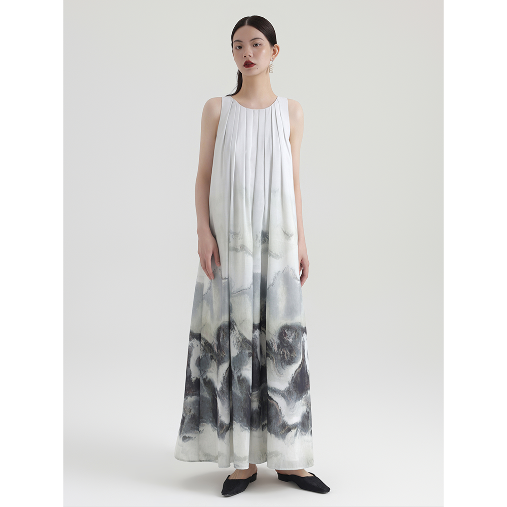 夏安若新中式国风水墨印花挂脖连衣裙度假大摆长裙子到脚踝超长款