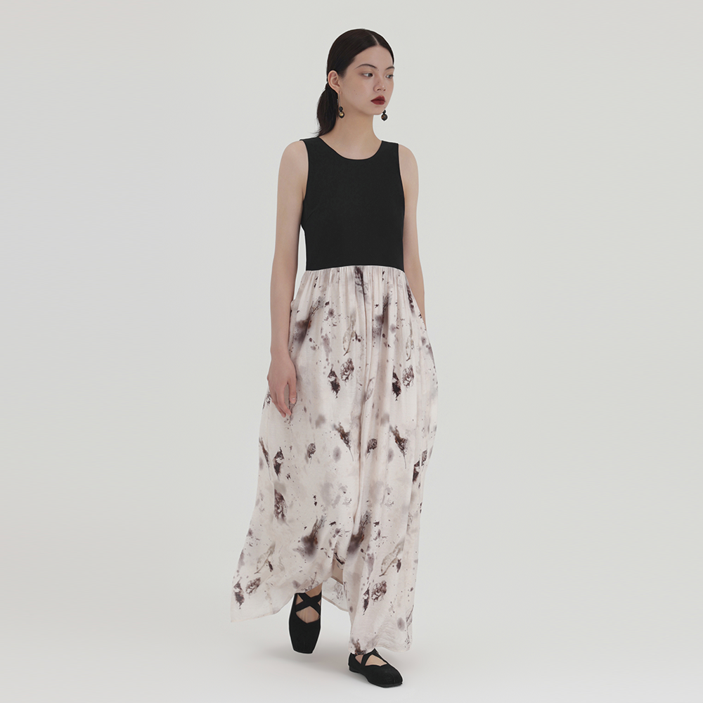 夏安若新中式拼接连衣裙女2024夏季新款高级感印花显瘦气质长裙子