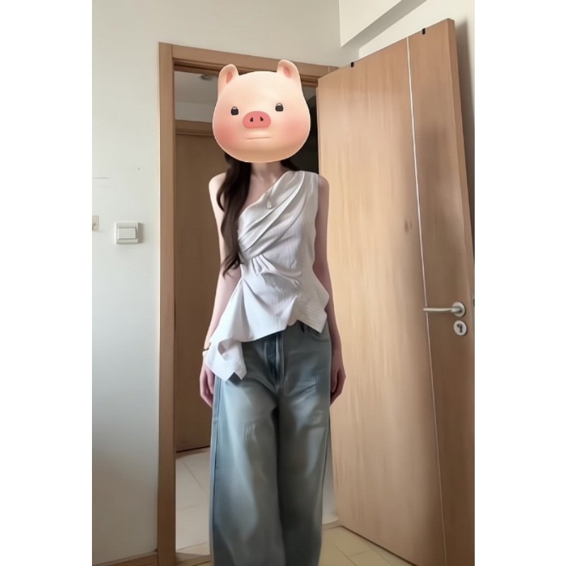 夏安若2025夏季新款单肩不规则条纹拼接设计感衬衫搭配宽松阔腿裤