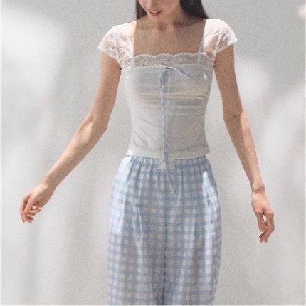 夏安若Oakmoo Basic*棉蕾丝拼接蝴蝶结设计凉感亲肤简约短袖T恤