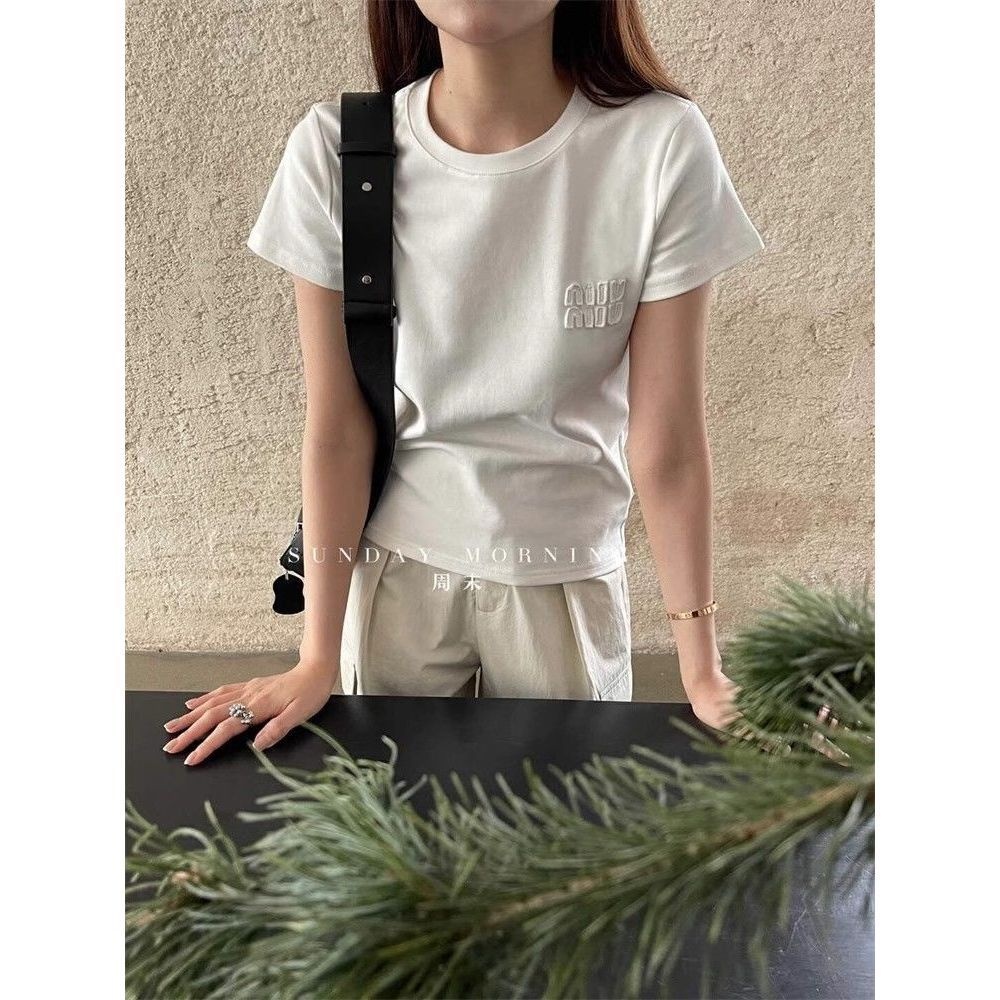 夏安若夏季纯棉短袖t恤女新款修身弹力显瘦体恤简约字母印花上衣