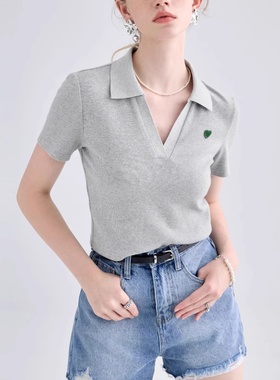夏安若VEGA CHANG爱心针织t恤女2025夏款设计感polo领法式短袖