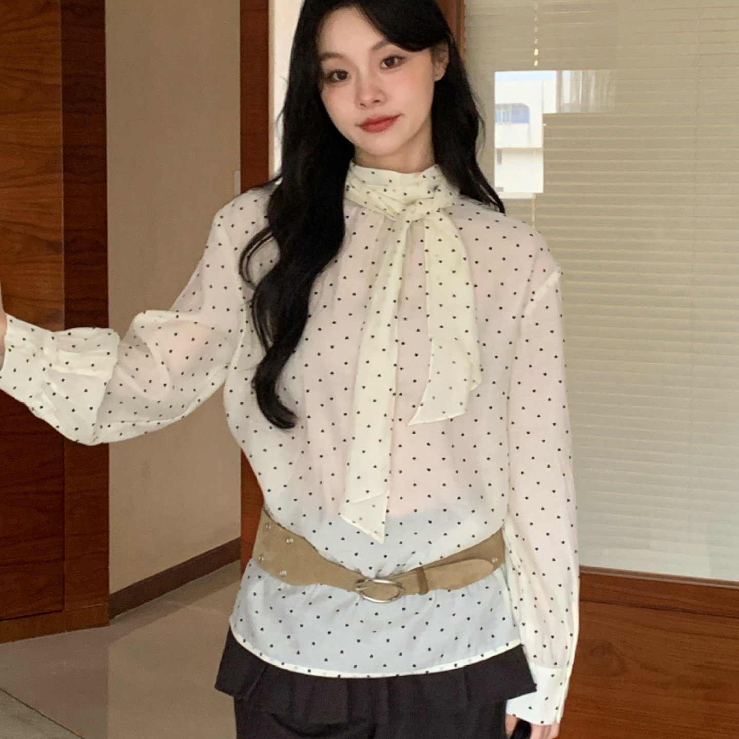 夏安若NEWOPEN25冬法式清新甜美减龄蝴蝶结系带波点衬衫女