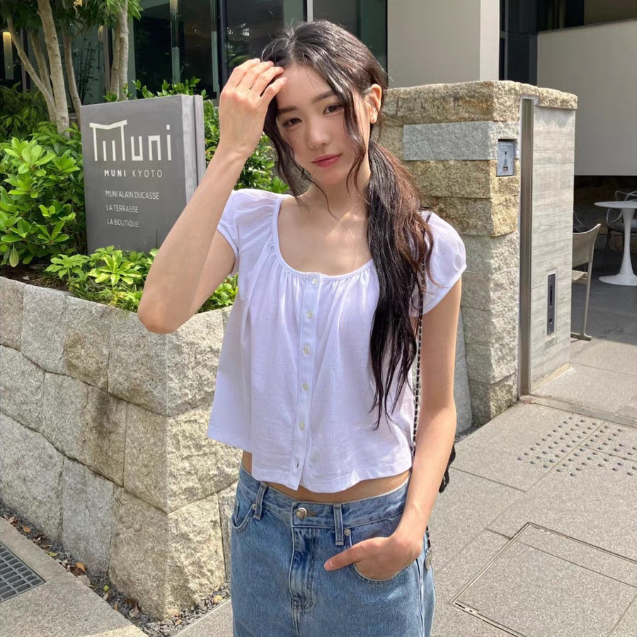 夏安若现H2025夏季新款韩国东大门th*Bar*net纯色圆领单排扣短袖