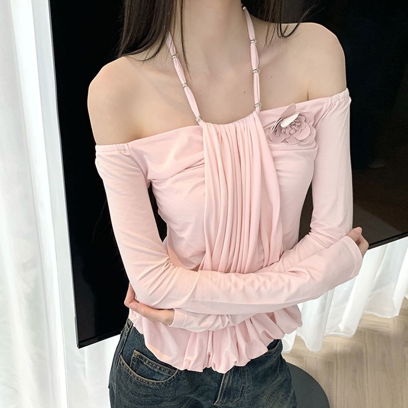 夏安若粉色t恤女设计感小众假两件挂脖抽褶花朵长袖一字领显瘦