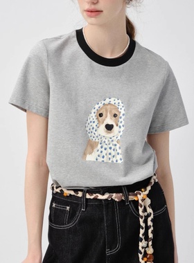 夏安若VEGA CHANG短袖t恤女2025年夏新款宽松圆领休闲撞色小狗
