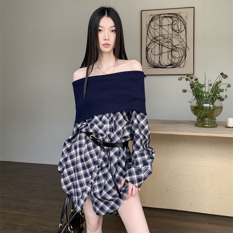 夏安若连衣裙女设计感小众复古格纹拼接针织衫一字领长袖衬衫裙