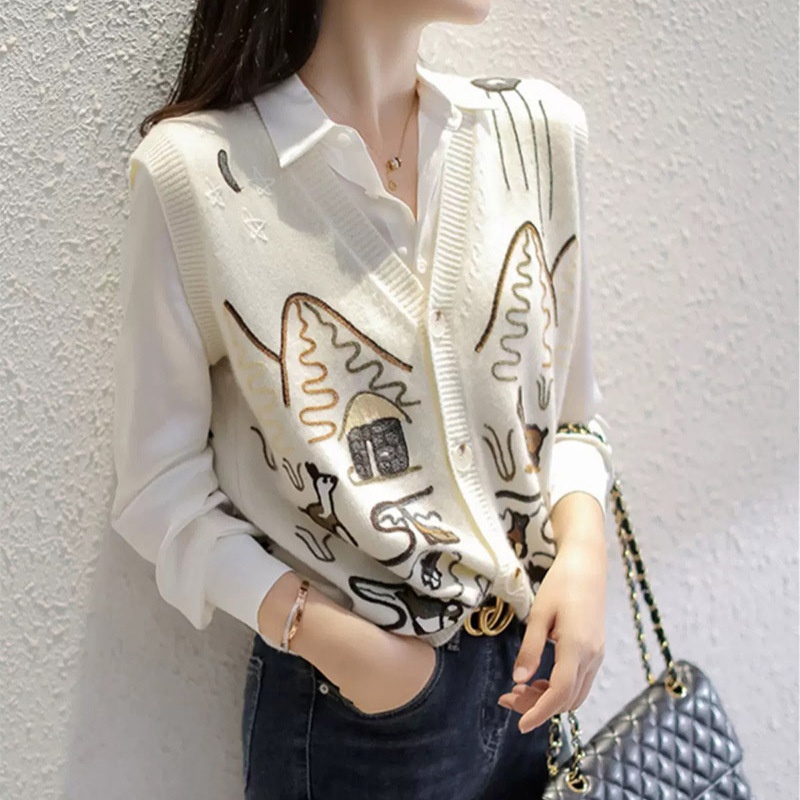 夏安若新款重工刺绣复古文艺风2024秋冬针织开衫无袖马甲背心外穿