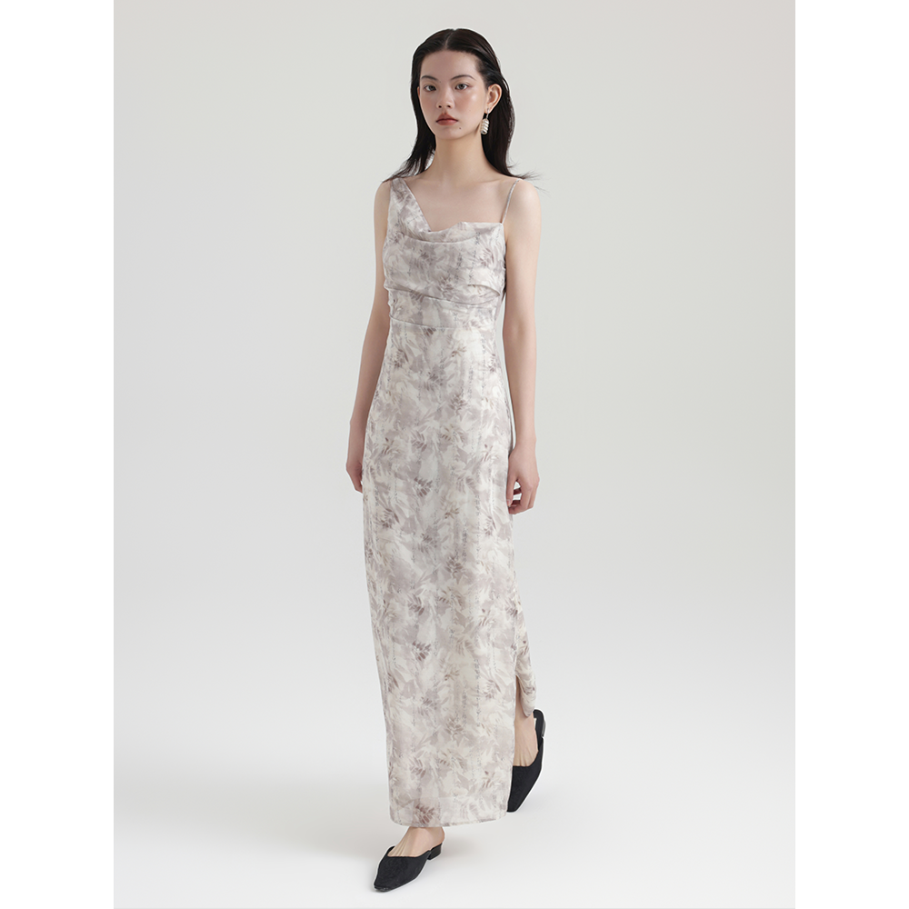 夏安若中式国风印花无袖吊带连衣裙女夏季2024新款修身显瘦长裙子