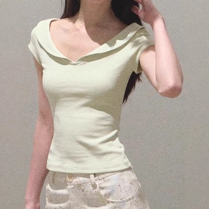 夏安若oakmoo/ "飞鸟的路径" 石膏棉感设计感娃娃翻领短袖t恤