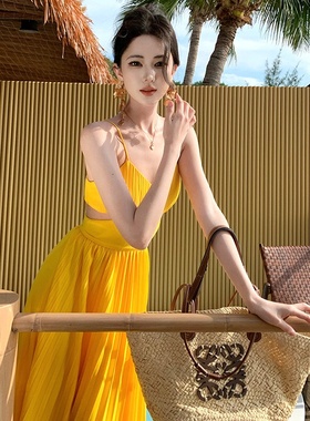 夏安若夏季新款巴厘岛海边度假黄色沙滩裙女复古显瘦吊带连衣裙