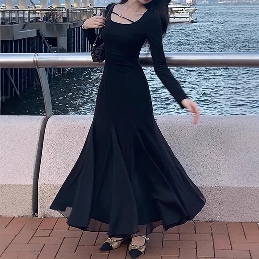 夏安若2024新款新中式国风莫妮卡法式气质显瘦连衣裙女秋鱼尾裙