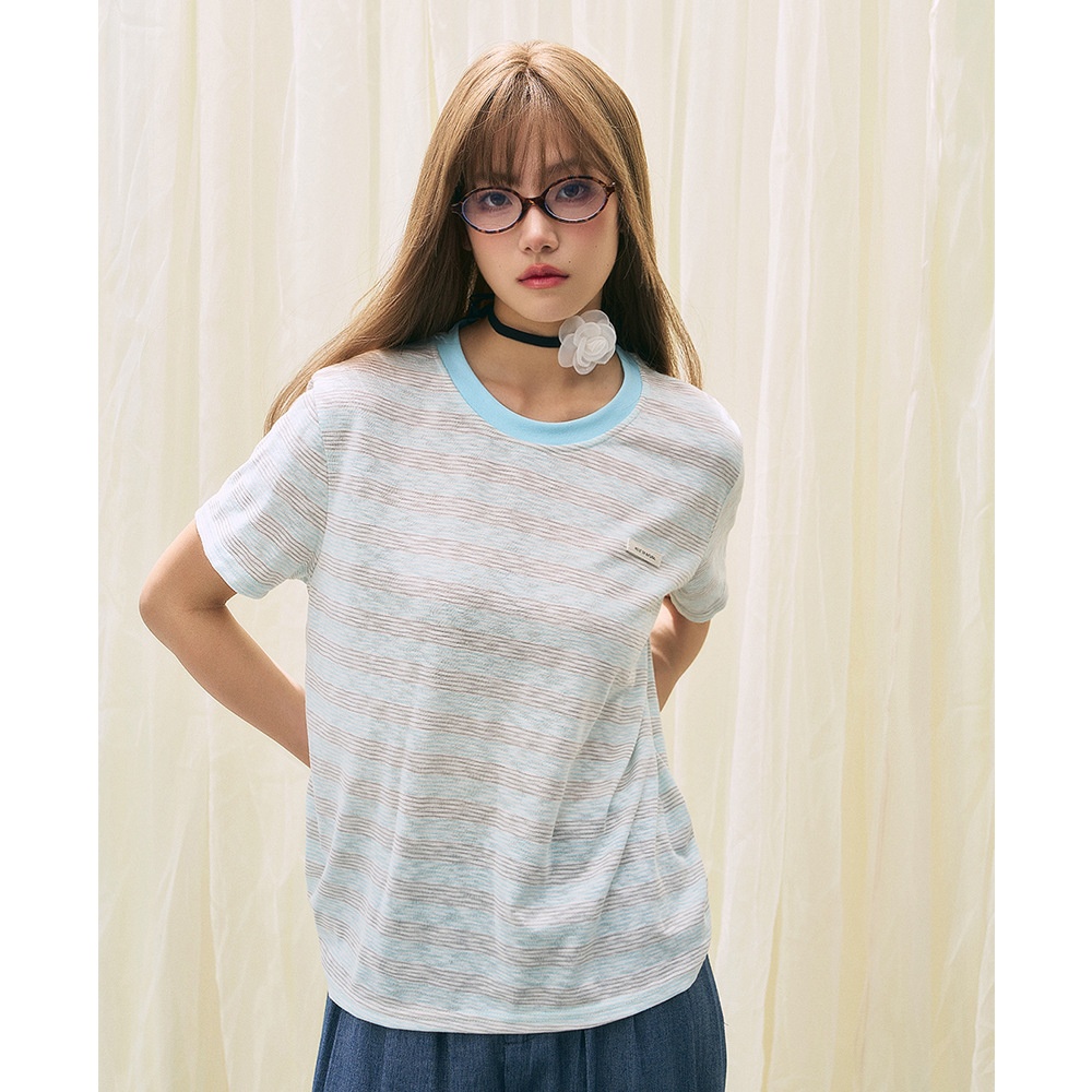 夏安若【盛都】25夏新韩系圆领正肩条纹短袖女2025夏季新款慵懒
