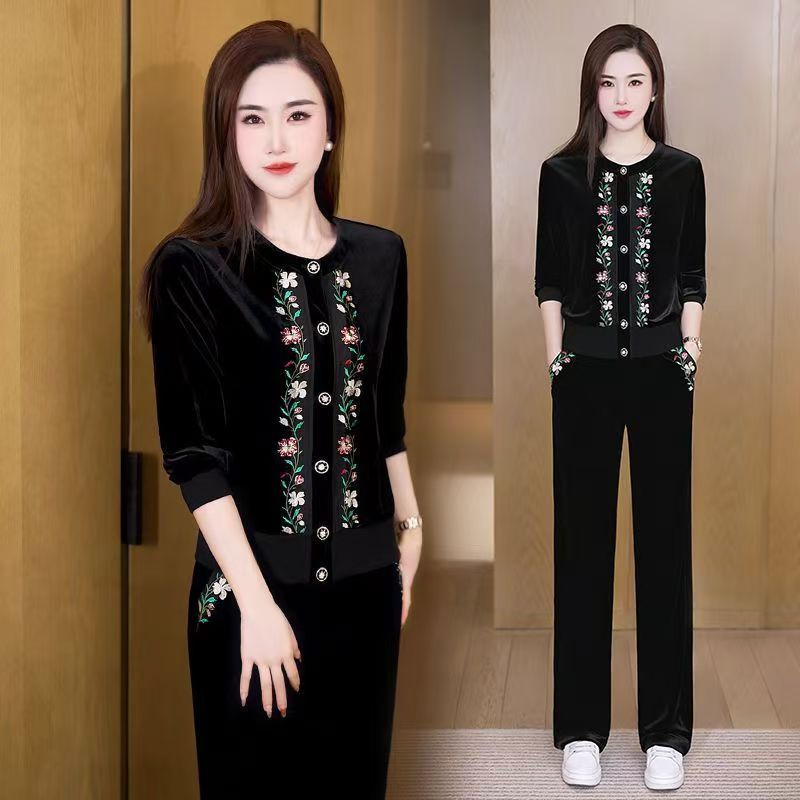 洋气胖妈妈春秋金丝绒套装女中年秋装气质加肥大码休闲运动两件套