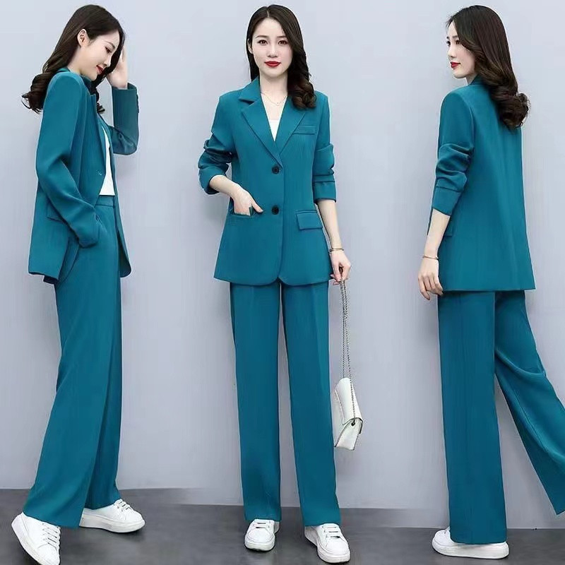 2024 봄 가을 뉴 플러스 사이즈 여성 정장 정장 지방 MM 슬림 정장 재킷 캐주얼 와이드 레그 팬츠 투피스 세트