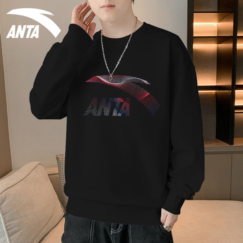 安踏男士卫衣黑色春季圆领套头衫长袖上衣宽松无帽跑步运动服男款