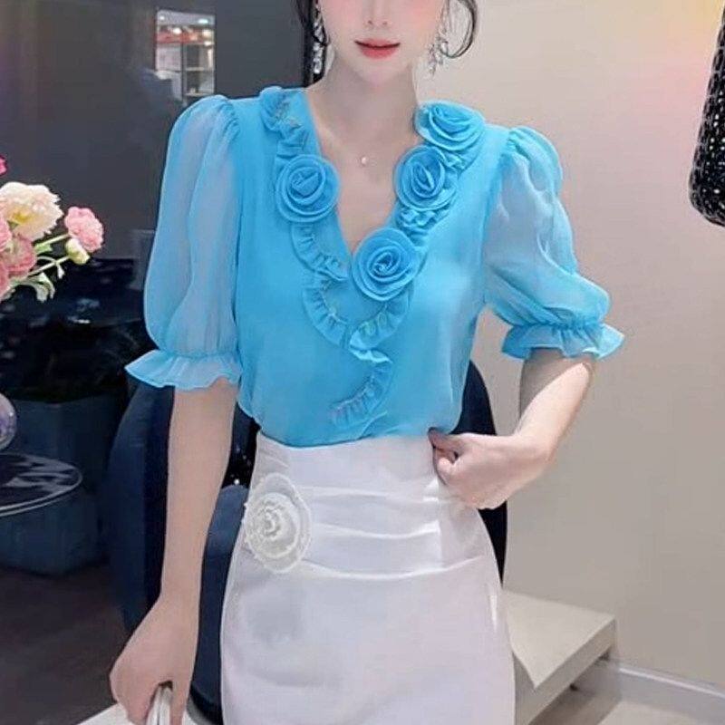 中老年女时尚衬衫蓝色短袖上衣衬衣高级感妈妈装小衫打底衫春夏装