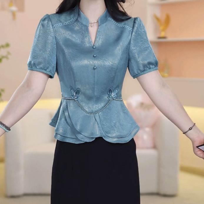 中老年女时尚衬衫蓝色短袖上衣衬衣高级感妈妈小衫打底衫收腰夏装