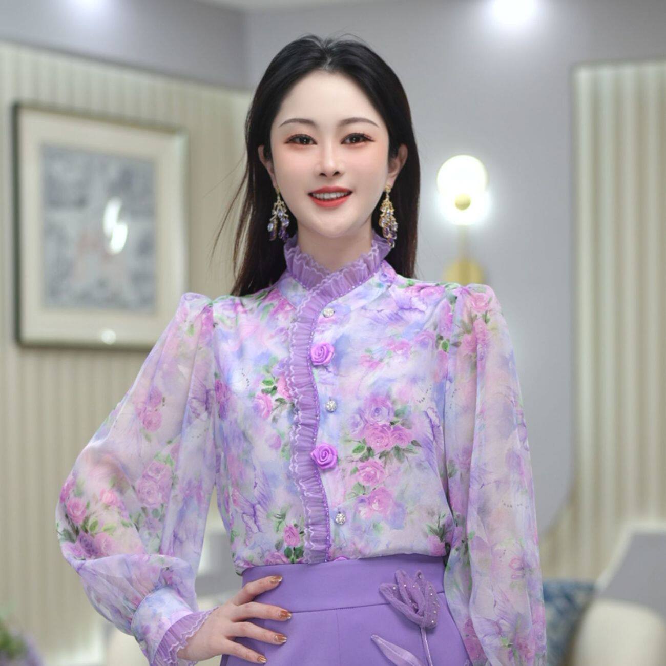 中老年人女时尚衬衫紫红印花长袖衬衣妈妈宽松T恤小衫打底衫春夏